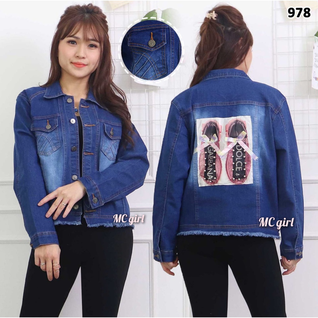 MC girl - Jaket Jeans Rumbai Gambar Sepatu 3D Wanita / Jacket Lepis Rawis Gambar Pita Belakang Sequin Cewek / Jaket Denim Biru Tua Size XXL