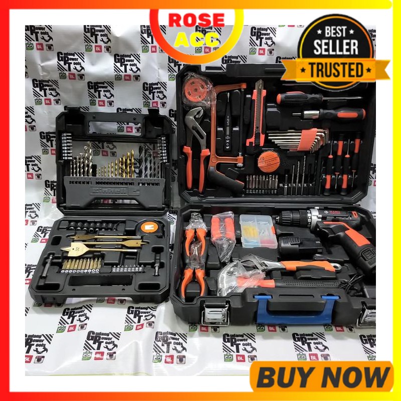 Promo Paket Mesin Bor Baterai Cordless Bor Charge 112pc Mata Bor Set 70pc Limited