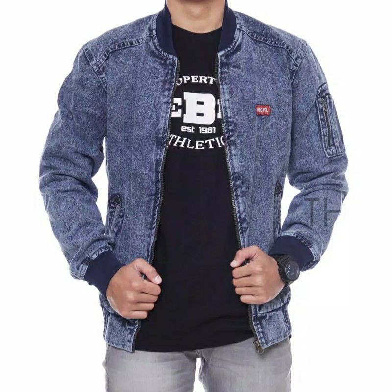 Jaket Jeans Denim Pria Wanita Premium - Jaket Denim Rocafela - Jaket Bomber Jeans Denim Murah