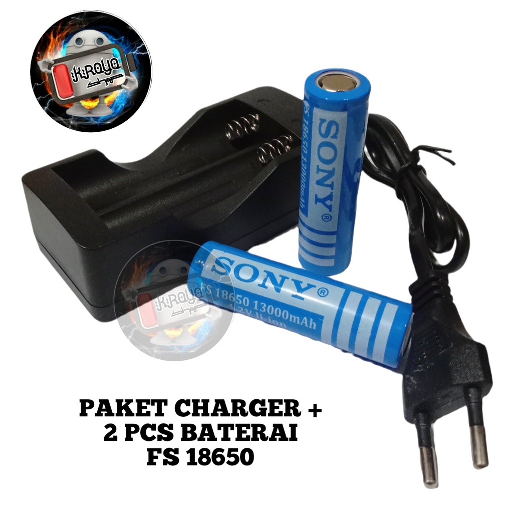 Charger + 2 Batterai 18650 Biru Li-ion 4.2v - 13000mAh