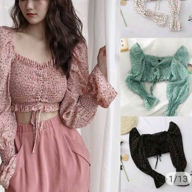 Sabrina blouse top wanita hitam motif bunga