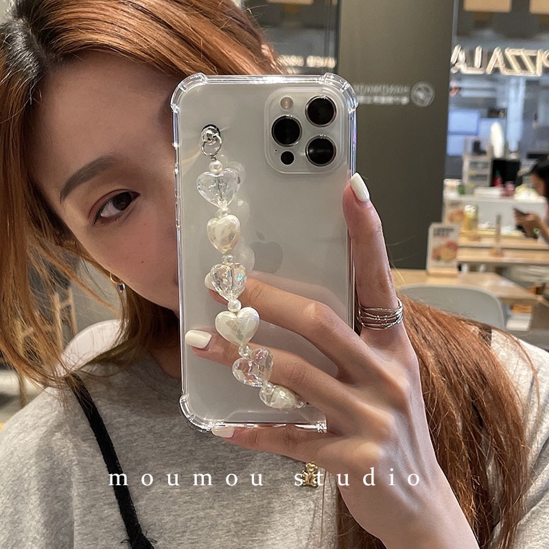 Case Transparan Motif Hati Dengan Rantai Mutiara Untuk Iphone 14 11 6 S 7 8 Plus SE2 XS XR 12 13 Mini PRO MAX