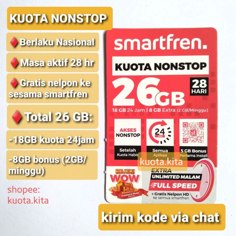 Voucher smartfren 26GB kuota NONSTOP (kirim kode via chat) 26 GB kuota data vocher