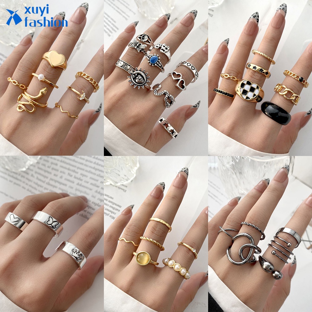 Set Cincin Bentuk Hati Gaya Punk Untuk Wanita