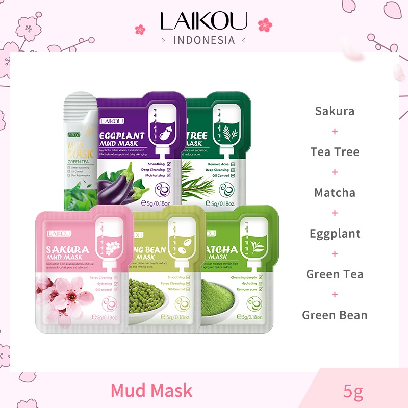 LAIKOU Sakura Mud Mask Sachet Eggplant Matcha Wajah Pembersih Komedo Tea Tree Mud Mask Green Tea Pemutih