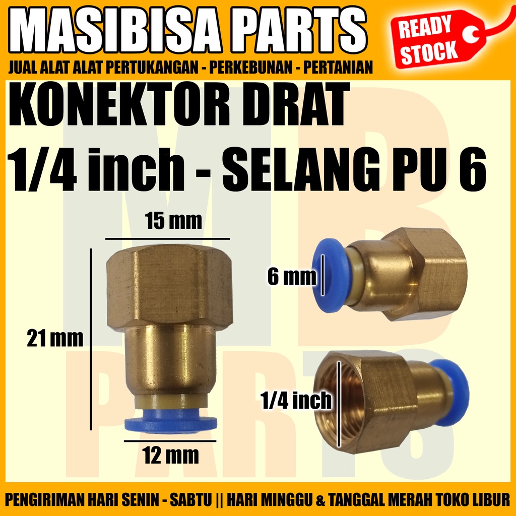 Konektor Slip Lock Tembaga 6mm / Drat Dalam 1/4&quot;