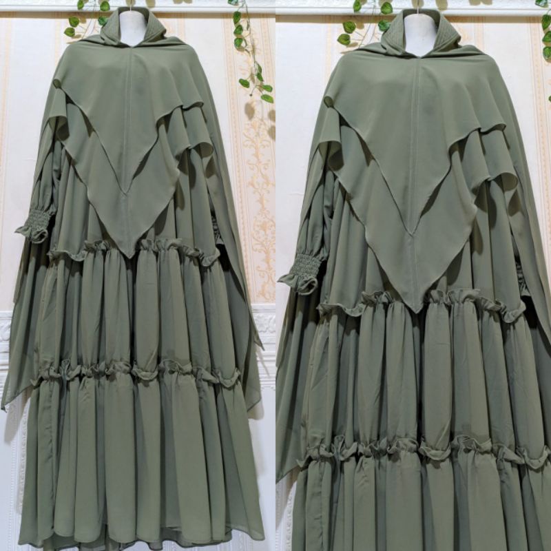 Gamis ceruty babydoll set khimar Gamis syari wanita ibu ibu pesta mewah jumbo terbaru kekinian 2021