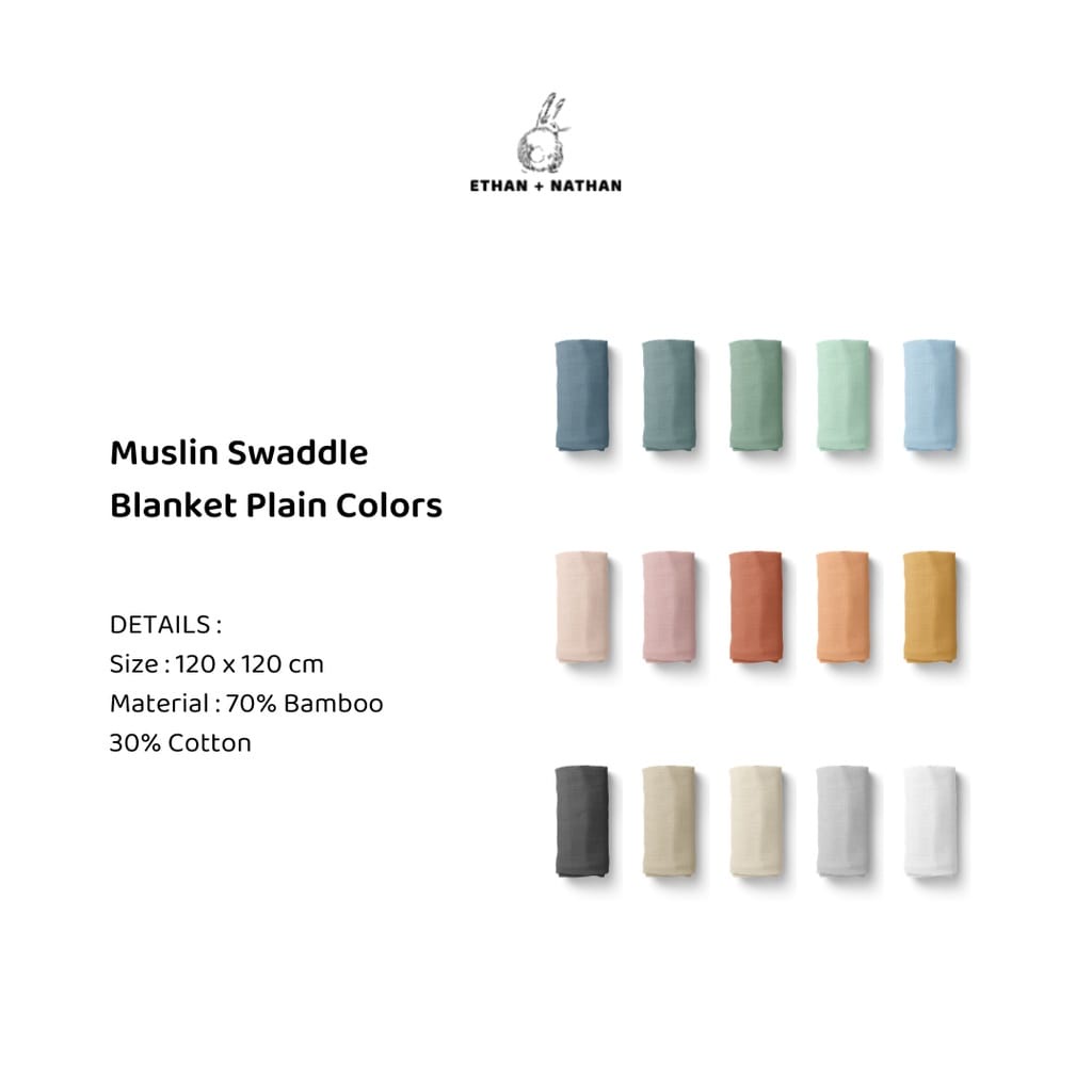 Ethan Nathan Swaddle Blanket Muslin Plain 70% Bamboo &amp; 30% Cotton - Warna dikirim Random ( E-NSBMP )