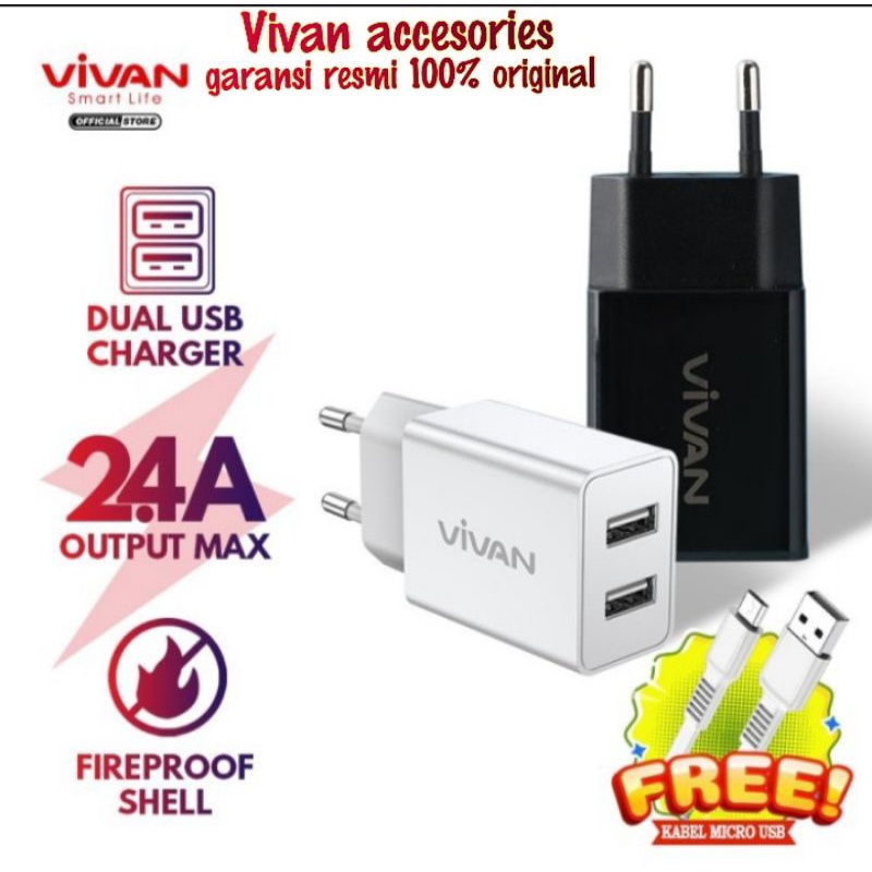 vivan DD02 12W Dual Port Charger 2,4A With Micro USB Kabel Data