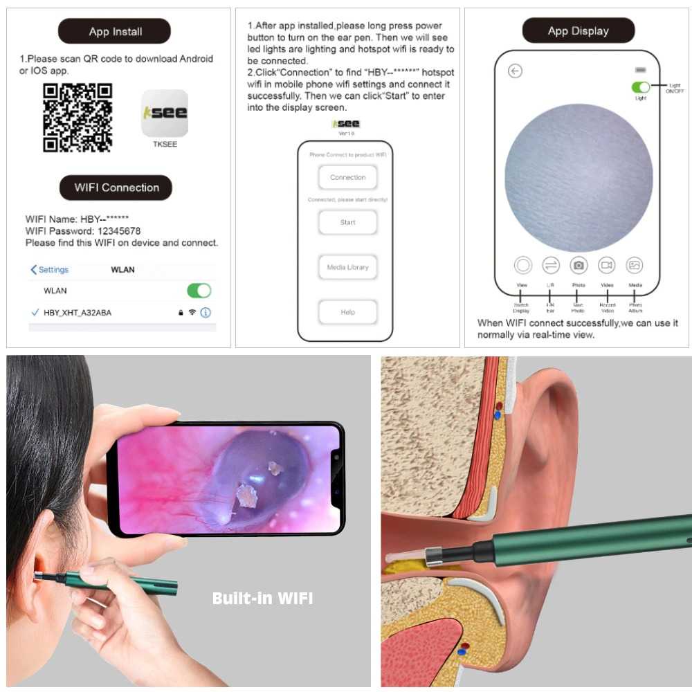 Ear Camera Endoscope For i phone Smart Visual Pembersih Telinga Korek Kuping Dengan Kamera Konek WiFi Lensa 5.5mm