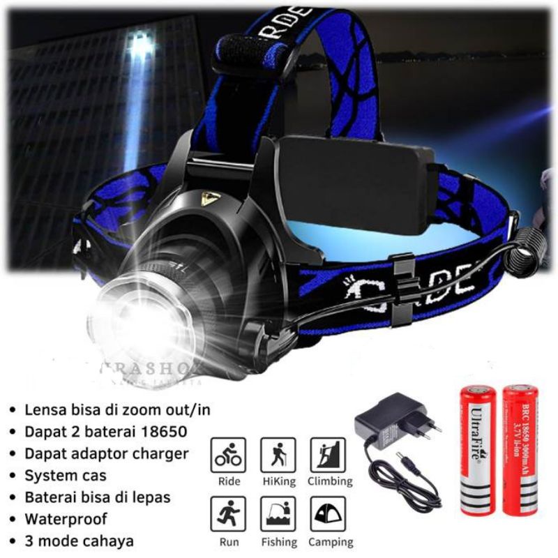 Senter Kepala LED Zoom Super Terang Headlamp LED Cree XML T6 (senter kepala+baterai+chas)