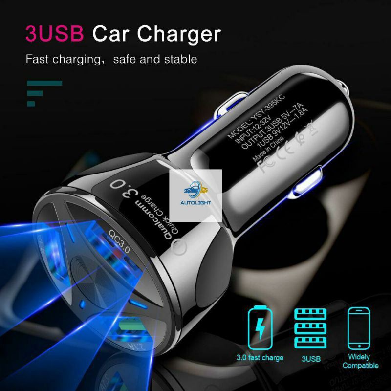 Car Charger Hp Mobil 3 USB Ports QC 3.0 Fast Charging