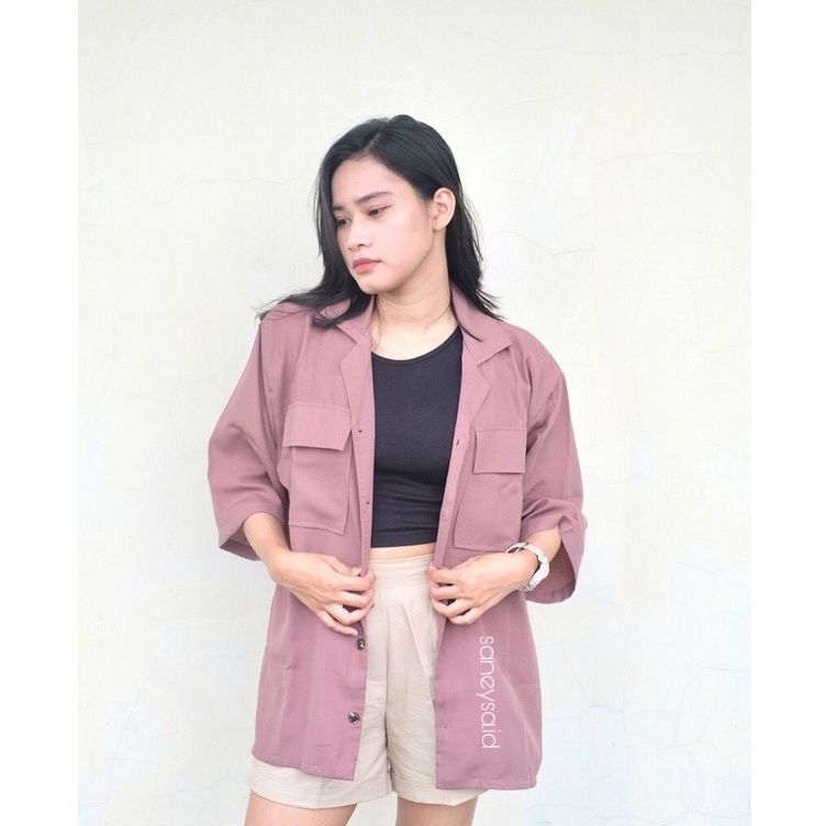 Audrey Oversized Shirt - Kemeja Wanita - Kemeja Kerja Kasual - Kemeja Oversized 2 Pocket - Outer - Kemeja Polos Linen - Blazer