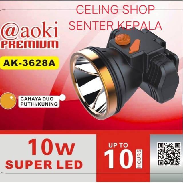 Senter Kepala aOKI Cahaya Putih/Kuning Bonus Lampu LED 5 Watt
