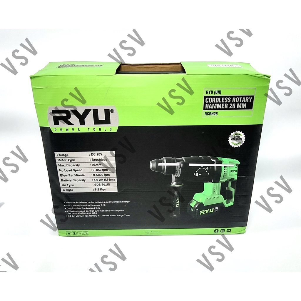 RYU RCRH26 Cordless Rotary Hammer 26mm Bor Battery Mesin Bor Tembok