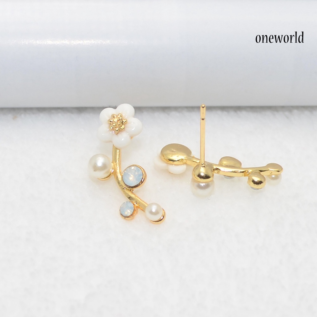 OW@ 1 Pair Women Flower Faux Pearl Rhinestone Earrings Ear Studs Jewelry Gift for Party