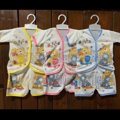 Baju Bayi SATUAN, Setelan POLA Panjang, Pendek, Kutung. Kancing Depan Motif Sablon Warna