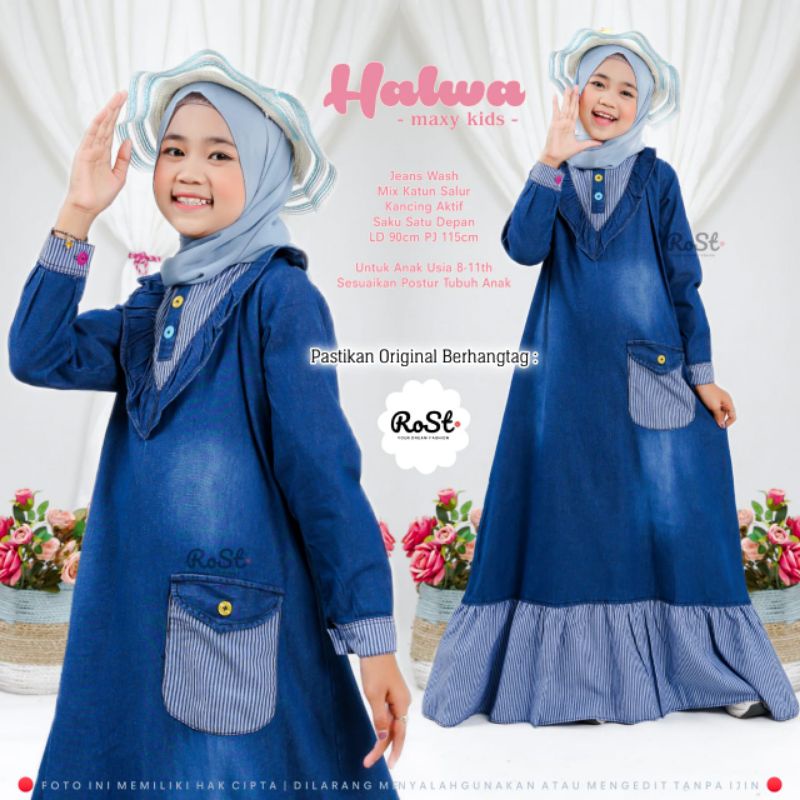 Halwa Maxy Kids Ori By Rost / Gamis Anak Jeans Wash HQ Bordir Asli / Dress Denim Anak