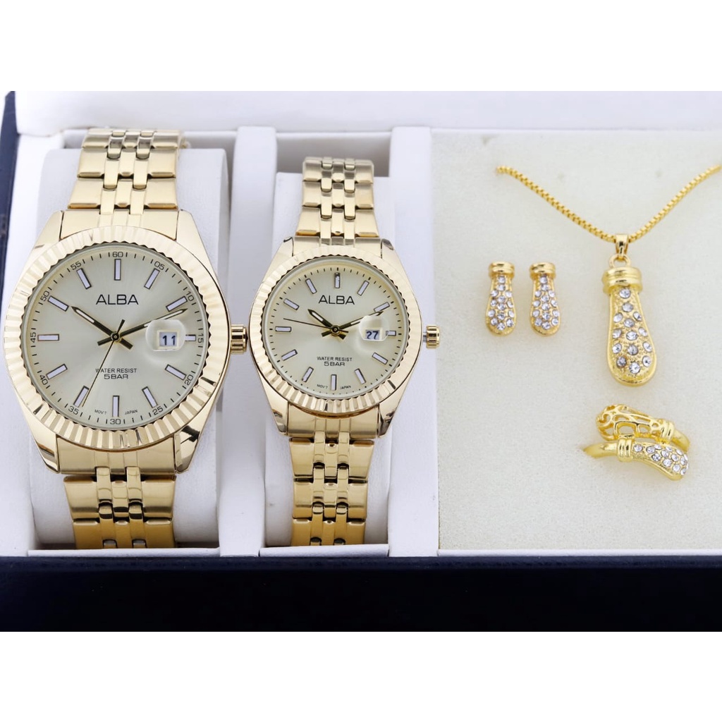 Best Seller !!! Jam Tangan Pria Wanita  couple  pasangan Alba 2240EV Tali Rantai Tanggal Aktif