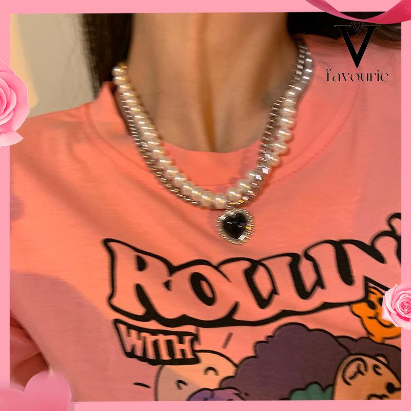 [COD]Cinta Hitam Kalung Berlapis Ganda Hip Hop Wanita Keren Angin Retro Mutiara Rantai Klavikula-FA