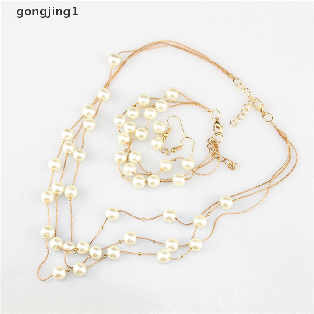 Set Perhiasan Kalung Anting Gelang Multilayer Aksen Mutiara Untuk Pernikahan