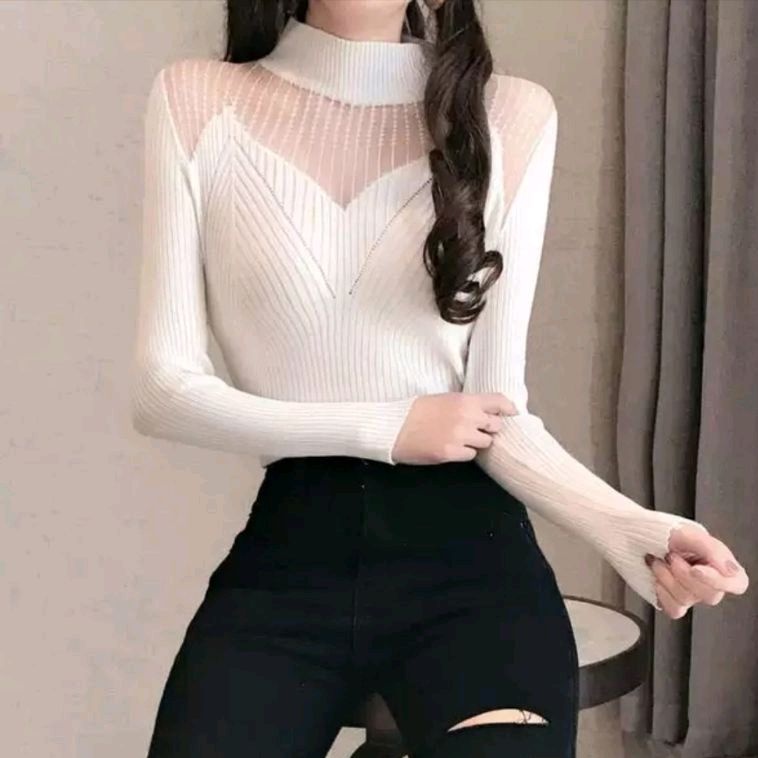 N261 Atasan Baju blus blouse kemeja lengan panjang leher tile transparan impor import realpic peremp