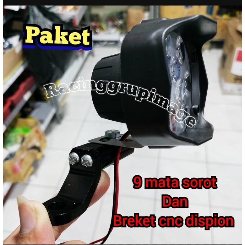 BREKET LAMPU DISPION MOTOR dan Lampu Tembak Sorot LED Spion Motor Laser Gun Cree 6 + 3 Mata 9 Titik 10 Watt 10W SpotLight