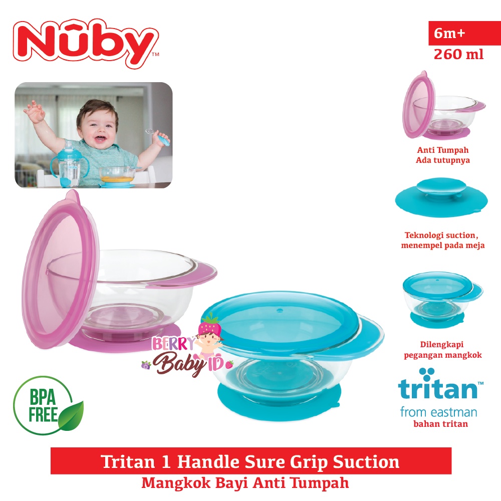 Nuby Tritan Sure Grip Suction Bowl One Handle Mangkok Makan Bayi 6m+ Berry Mart