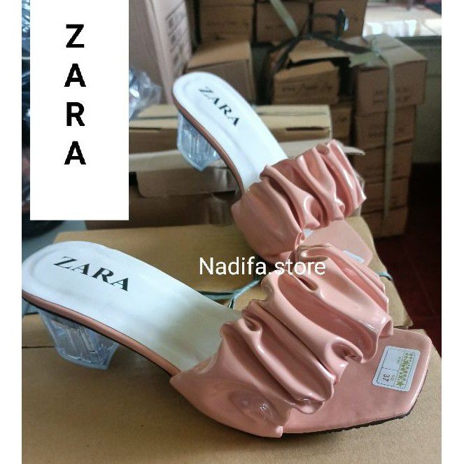 Sandal Hells Z A R A Hak Kaca | Sandal Hak Kaca kerut hills Andin fashion kekinian