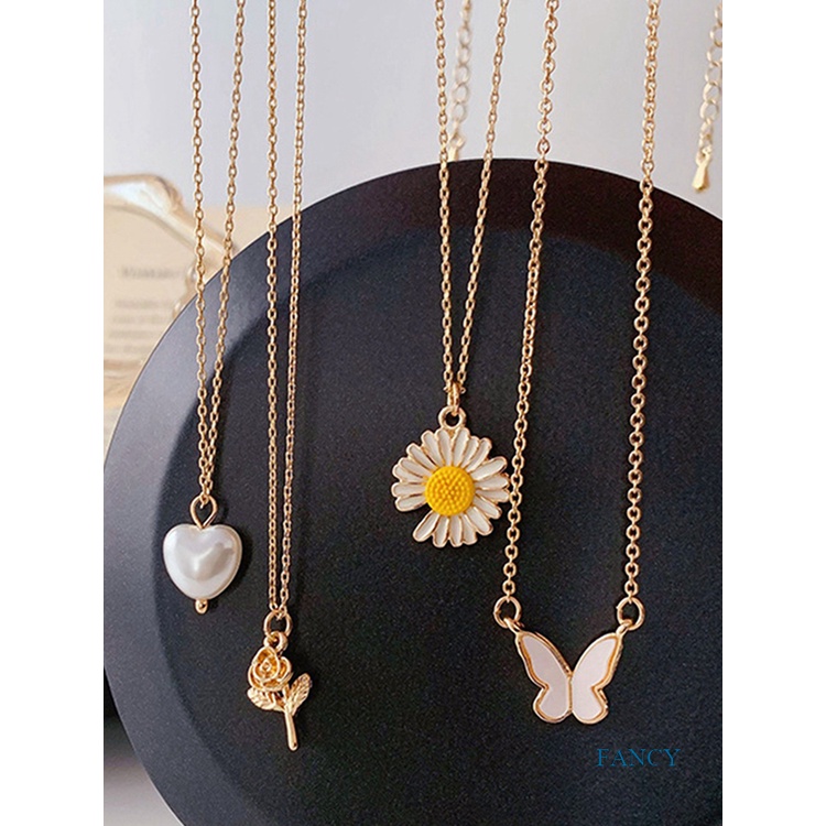 Kalung Liontin Bunga Mawar Chrysanthemum Daisy Butterfly Aksen Mutiara Bahan Alloy Gaya Korea Untuk Wanita