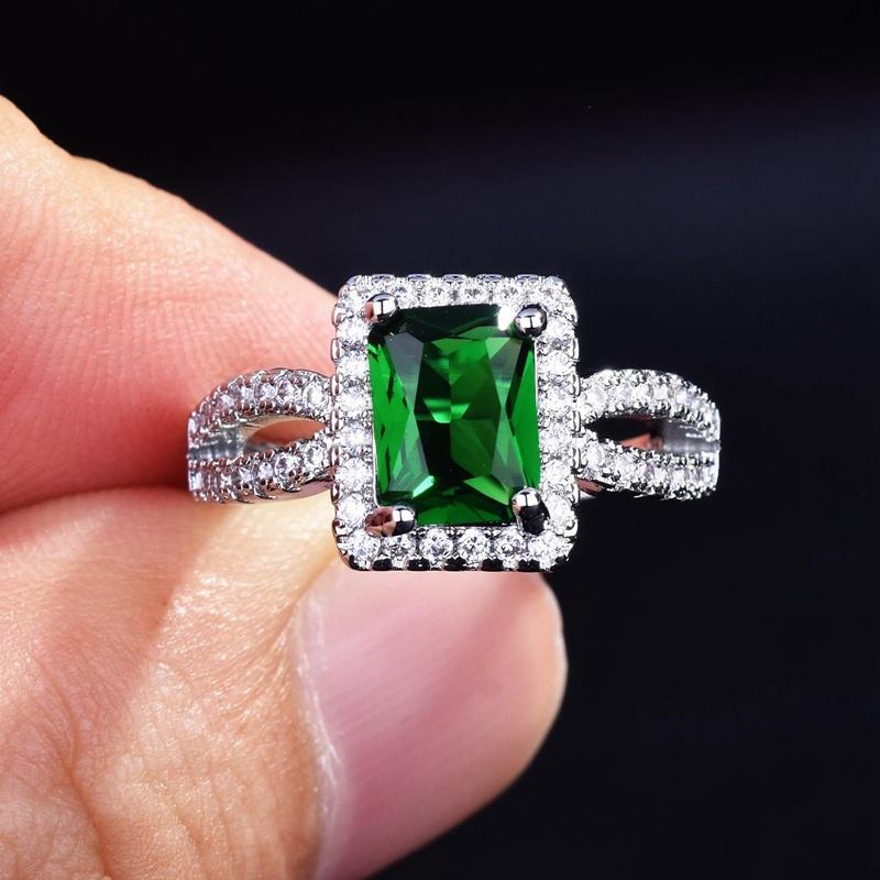 Fancyqube Cincin Silver 925 Bentuk Kotak Hias Batu Permata Zamrud Hijau Kristal Untuk Wanita