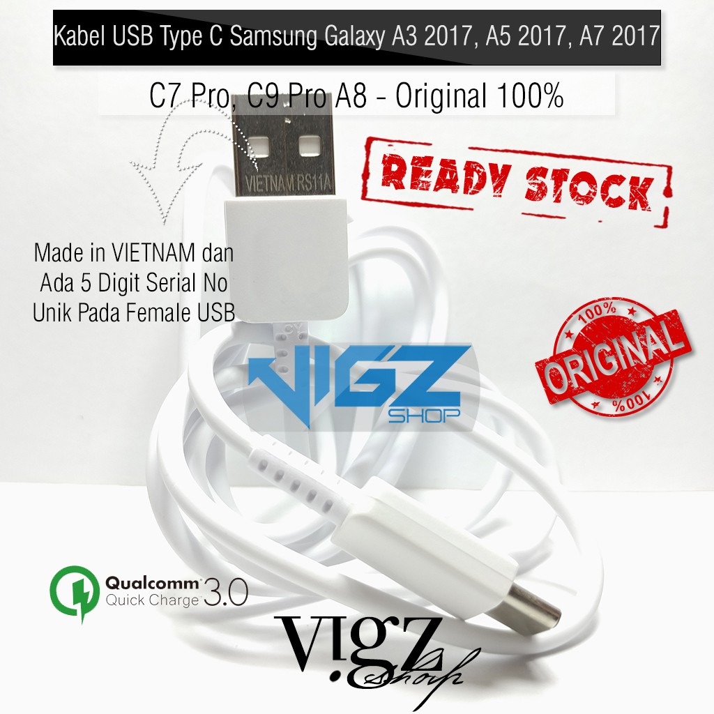 Kabel Data USB Type C Samsung Galaxy A3 2017, A5 2017, A7 2017, C7 Pro, C9 Pro A8 Original 100%