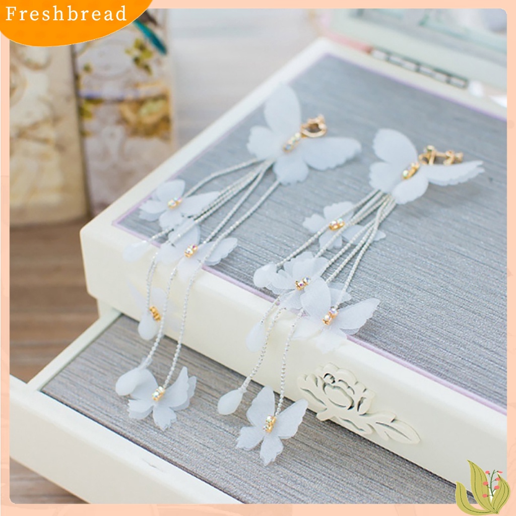 【Fresh】❀Women Bridal Cloth Butterfly Long Tassel Wedding Dangle Clip on/Hook Earrings