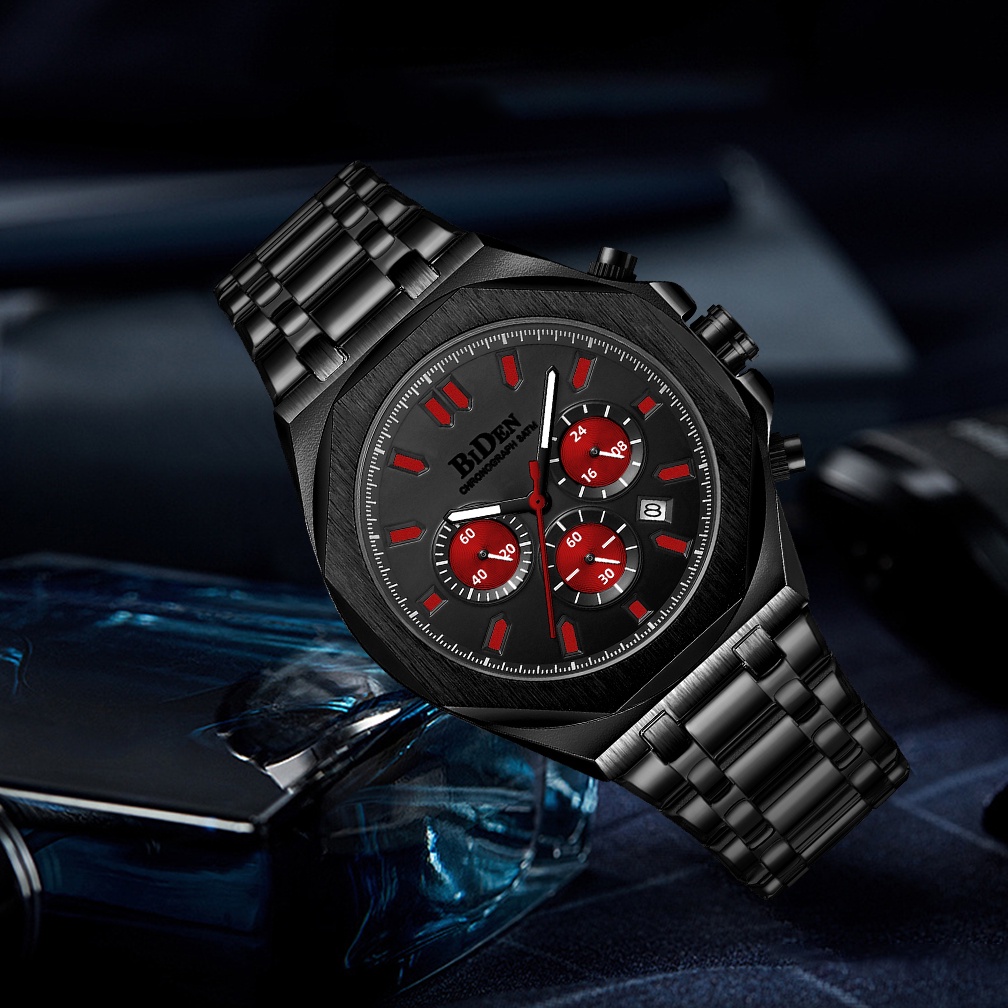 BIDEN Jam Tangan Pria Mode Bisnis Pria Tahan Air Kuarsa Tali Stainless Steel Multifungsi Dial Jam Tangan