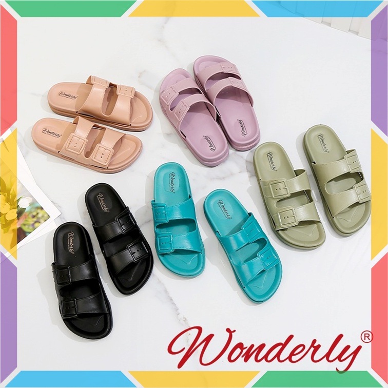 2062WL2 Sandal Selop Birken Wanita Wonderly Sendal Slop Gesper Cewek Ban 2 Karet Doff Glanzton