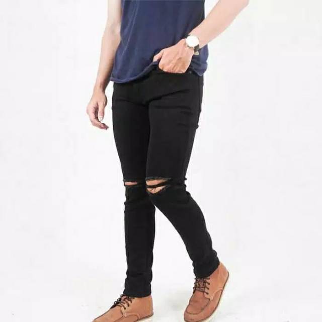 Celana jeans sobek lutut pria ripped jeans celana panjang hitam pria street melar skinny jeans pria