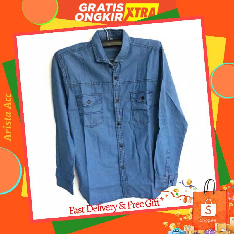 KEMEJA PRIA LENGAN PANJANG POLOS SEMI JEANS BIRU DISTRO COWOK BAHAN KASUAL