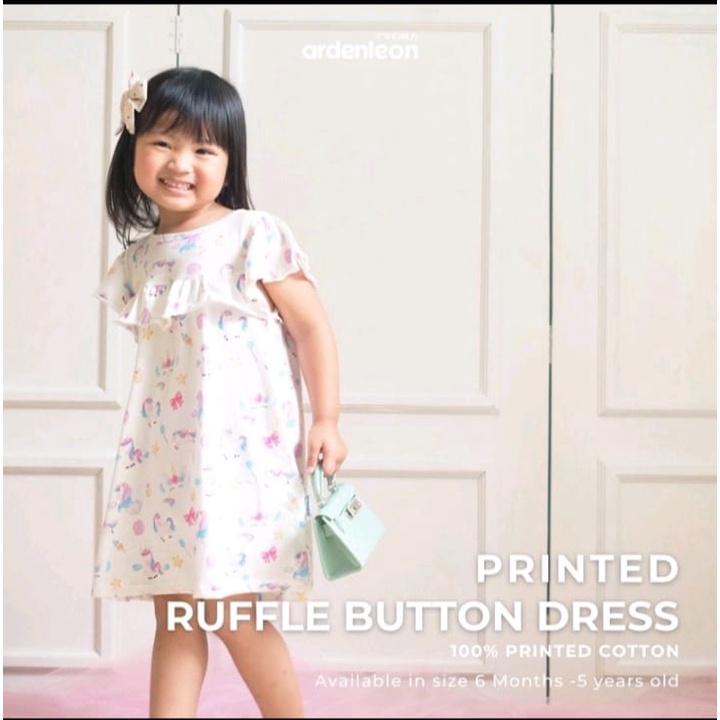 ArdenLeon Basic Wear Button Dress / Ruffle Button Dress Printed / Arden Leon Dress Motif Bayi Anak Perempuan