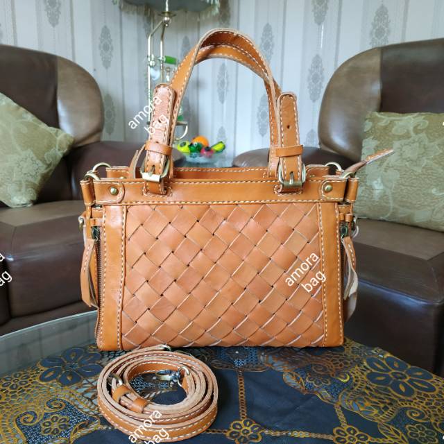 ( COD) Tas kulit asli handmade anyam dan motif ecoprint termurah bu moje jogja