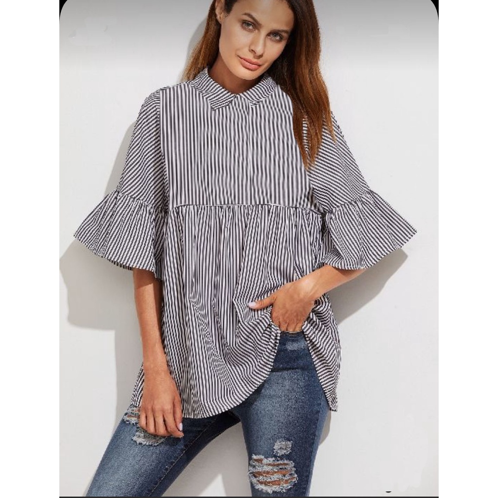 Atasan Salur Wanita Lengan 3/4 / Atasan Blouse Wanita 902