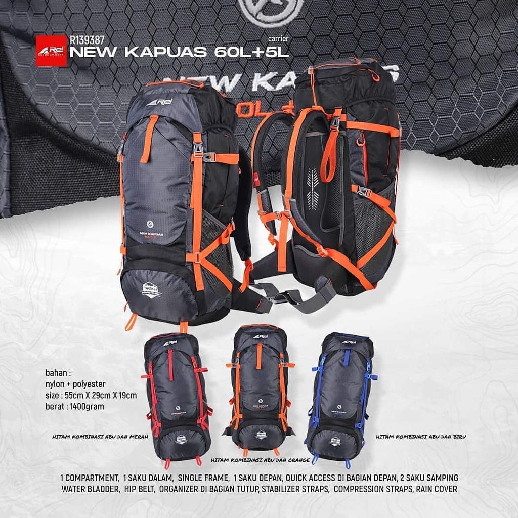 TAS CARRIER AREI NEW KAPUAS 60+5L RAMELU 65L TAS GUNUNG REI ORIGINAL