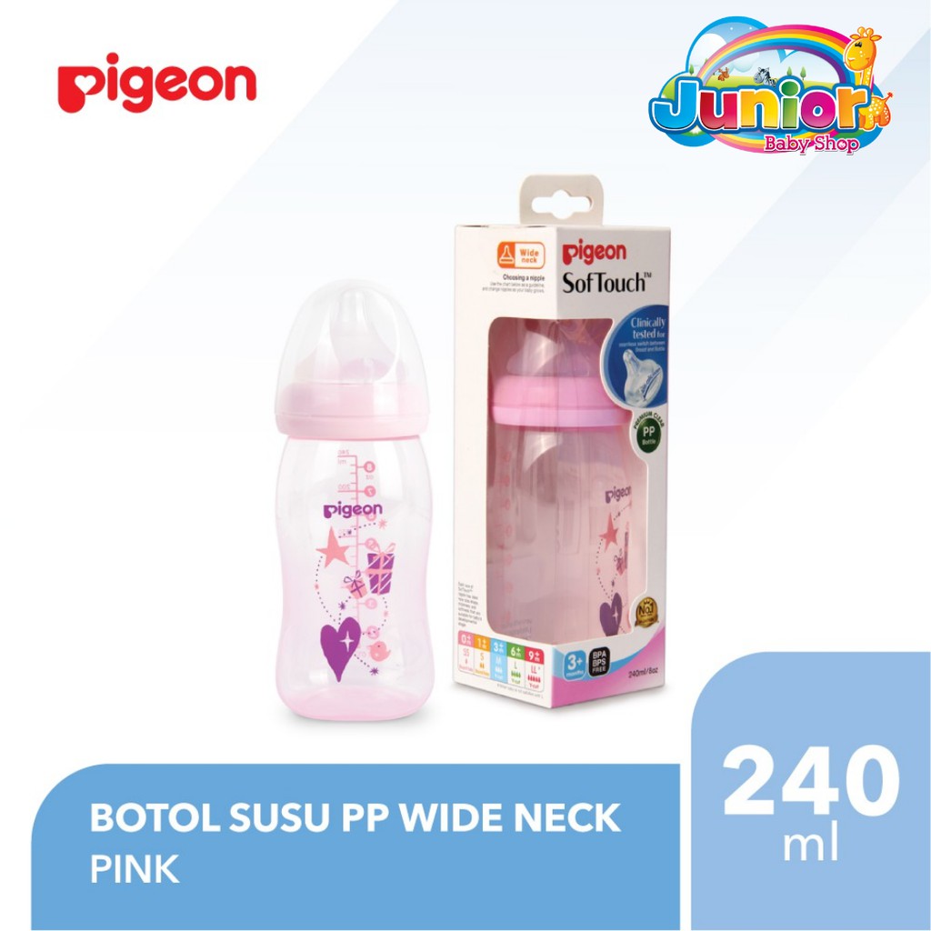 Pigeon Botol PP Clear WIde Neck Pink 240ml W/P-Plus Nipple