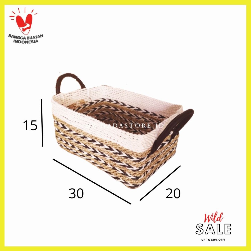 keranjang anyaman seagrass Banana Variasi Putih Dengan Handle / Hampers Box Handle Kulit Premium