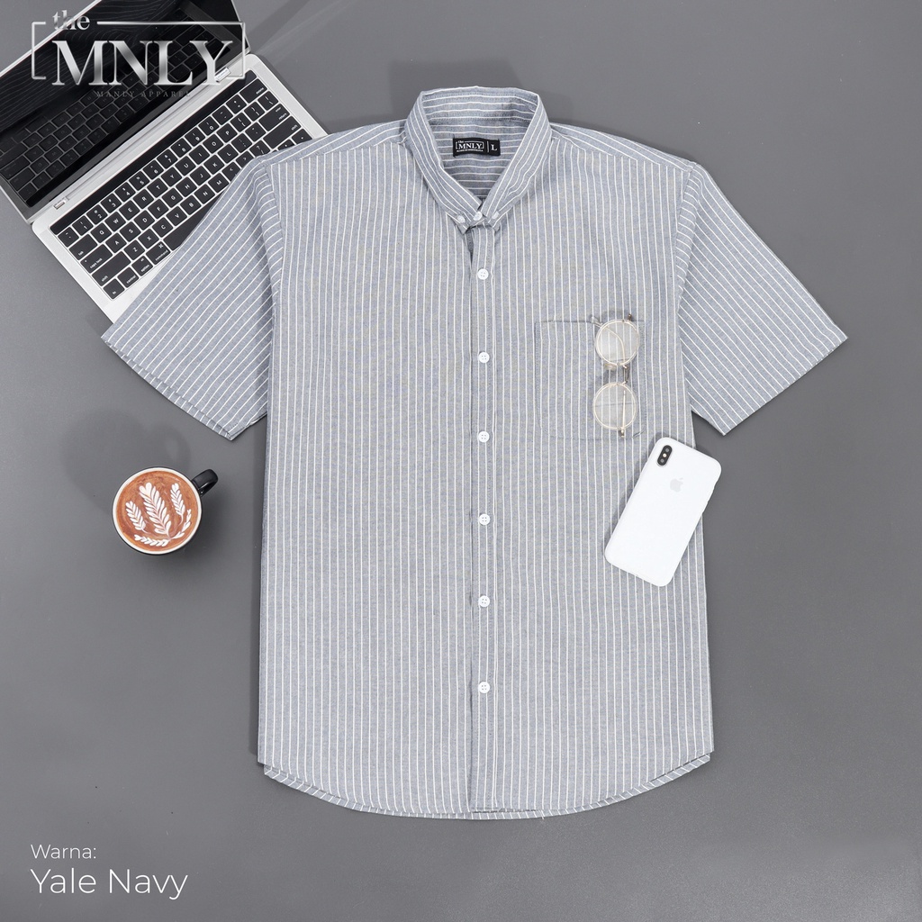 Kemeja Salur Lengan Pendek Cotton Premium Warna Navy the MNLY Original