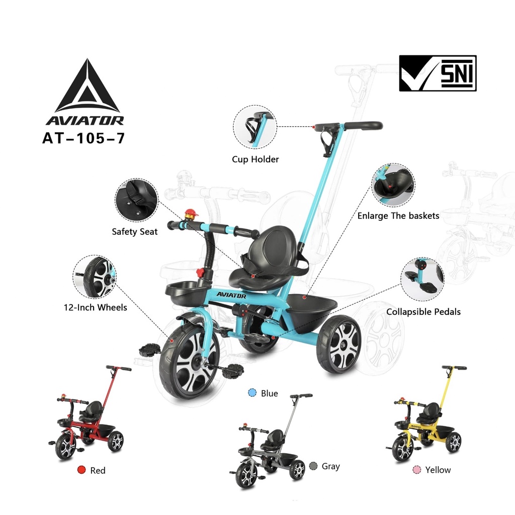 Sepeda Roda Tiga Anak Aviator AT-105-7 BMX 1-3 Tahun IC Music Tongkat Dorong