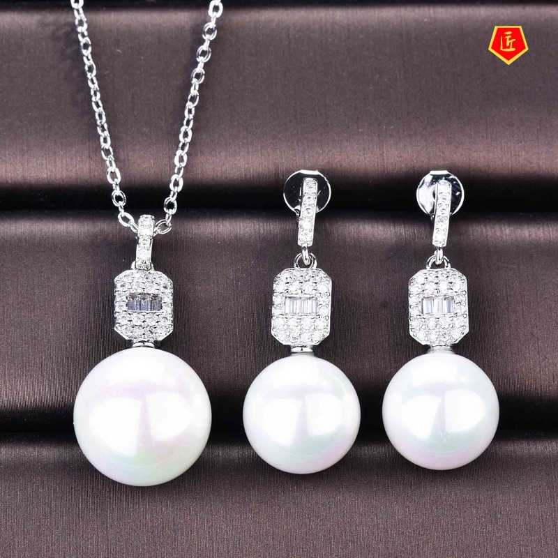 [Ready Stock]Luxury Jewelry Freshwater Pearl Necklace Set Ear Stud and Ring