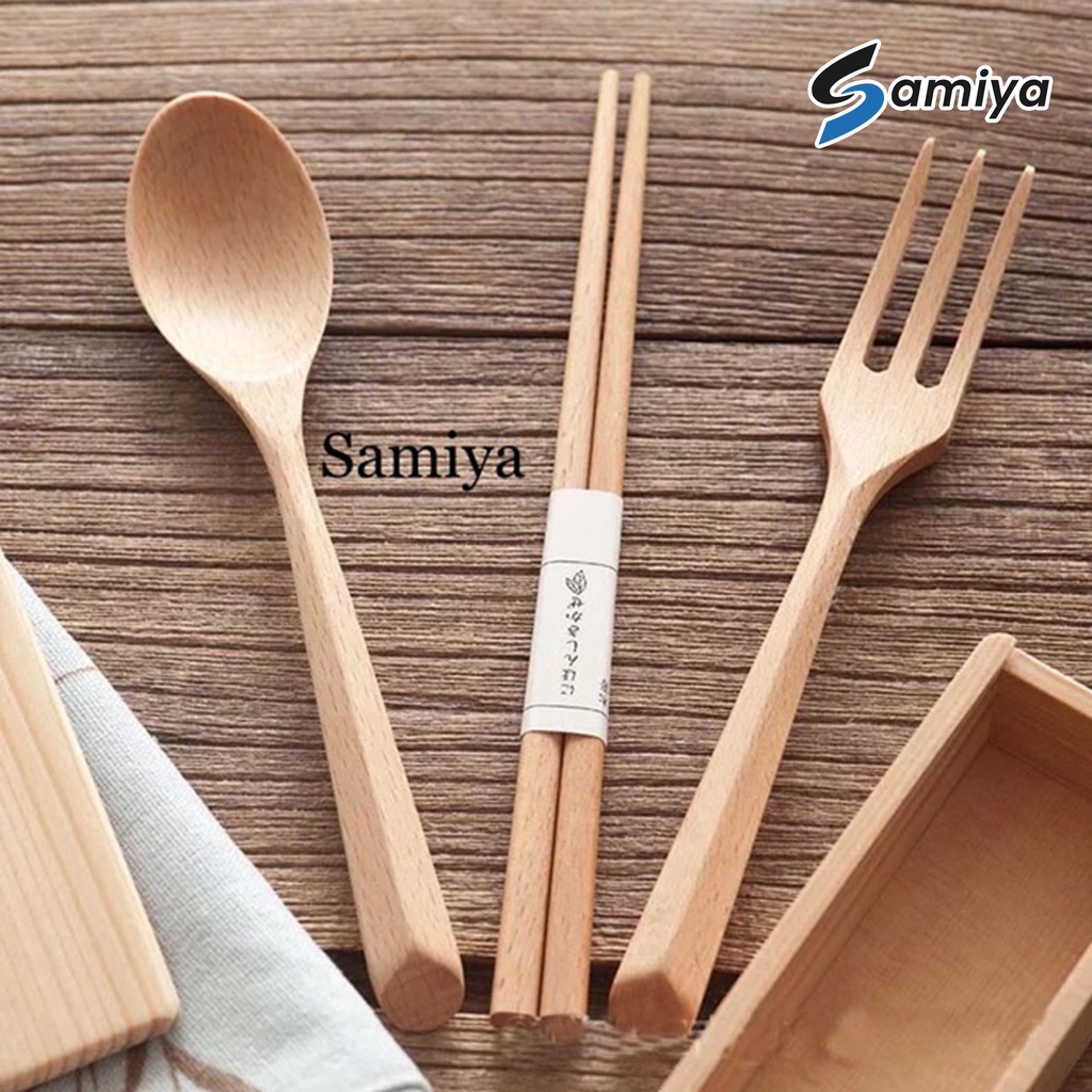 Paket alat makan set sendok garpu sumpit kayu dengan kotak box ( TERIMA CUSTOM PRINT NAMA dan LOGO ) / wooden cutlery set / souvenir set