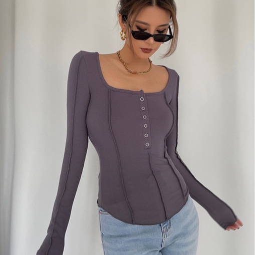 【LIVIAHOME】U Neck Long Sleeve Button Up Slim T-Shirt 7027