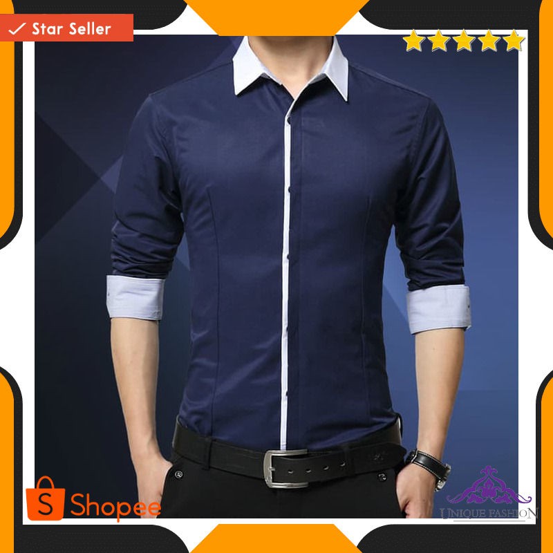 Hnm Dongker Ot Kemeja Pria Katun Stretch Biru Dongker