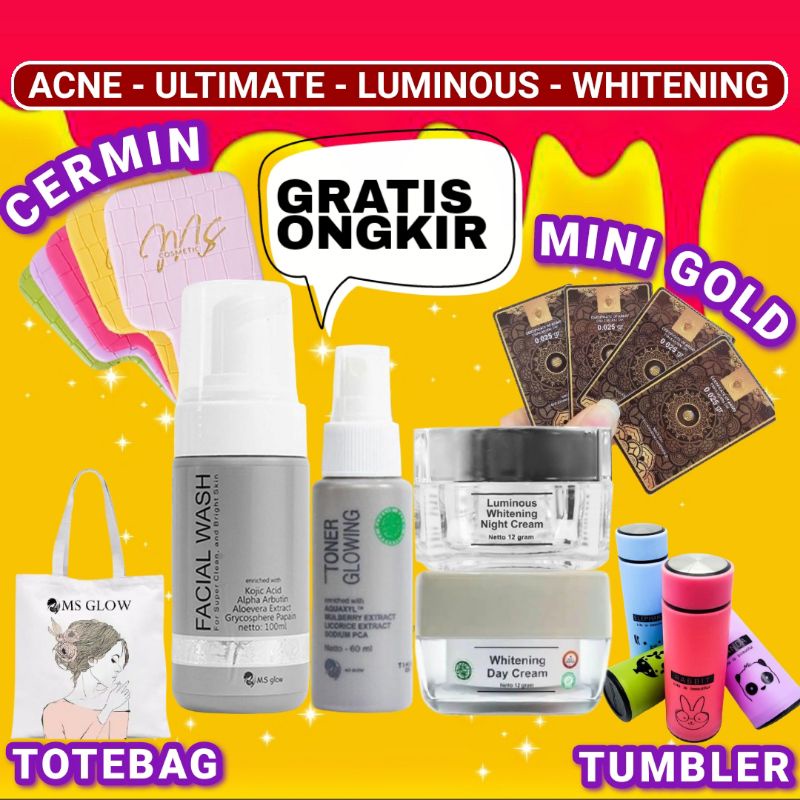 MS GLOW Paket Free Bonus Pouch/Dompet Kosmetik/Ecer Whitening Night Cream/Luminous/Malam Ultimate/Kr